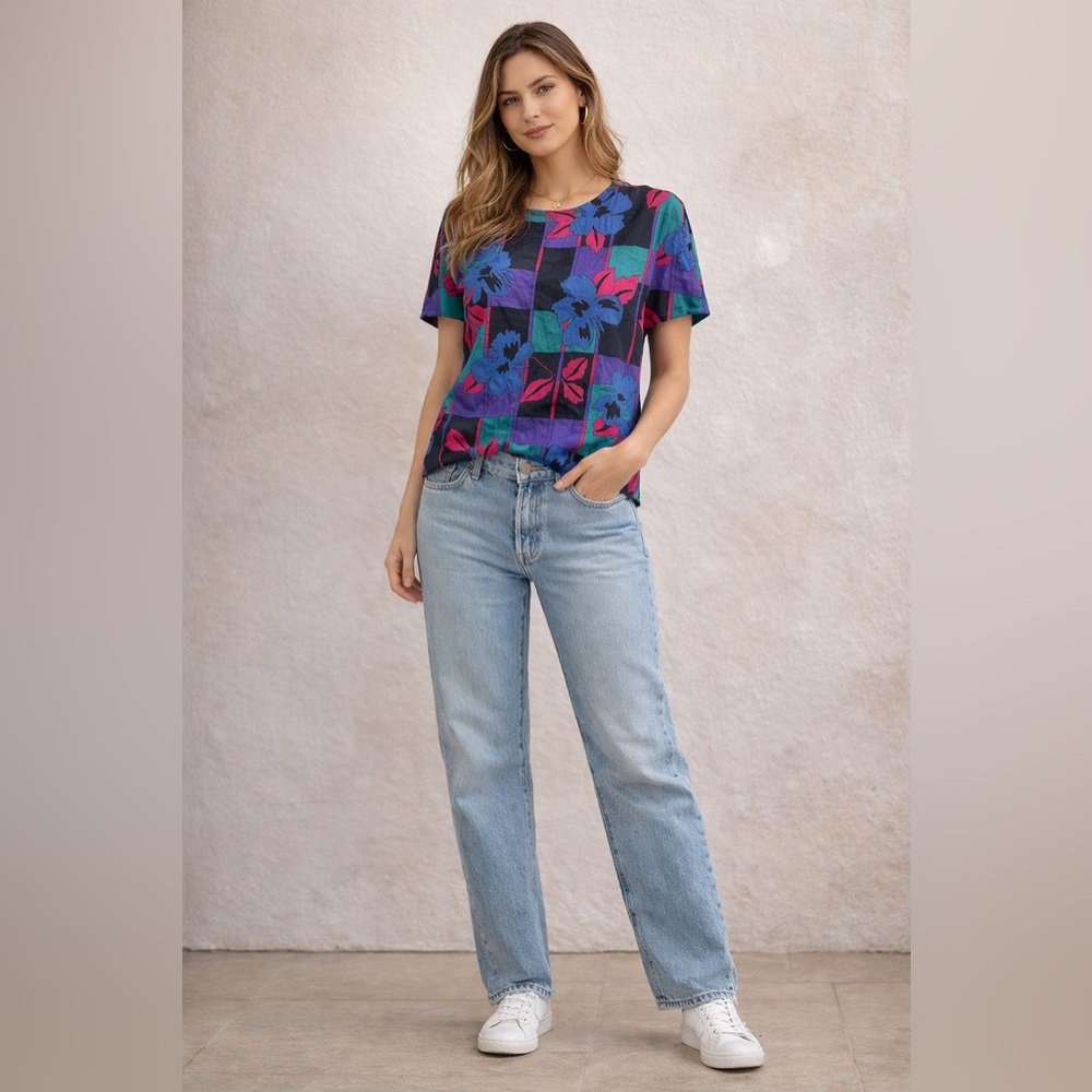 Christian Dior Vintage Flower Printed Size 12 Women Short Sleeve Red Blue Shirt